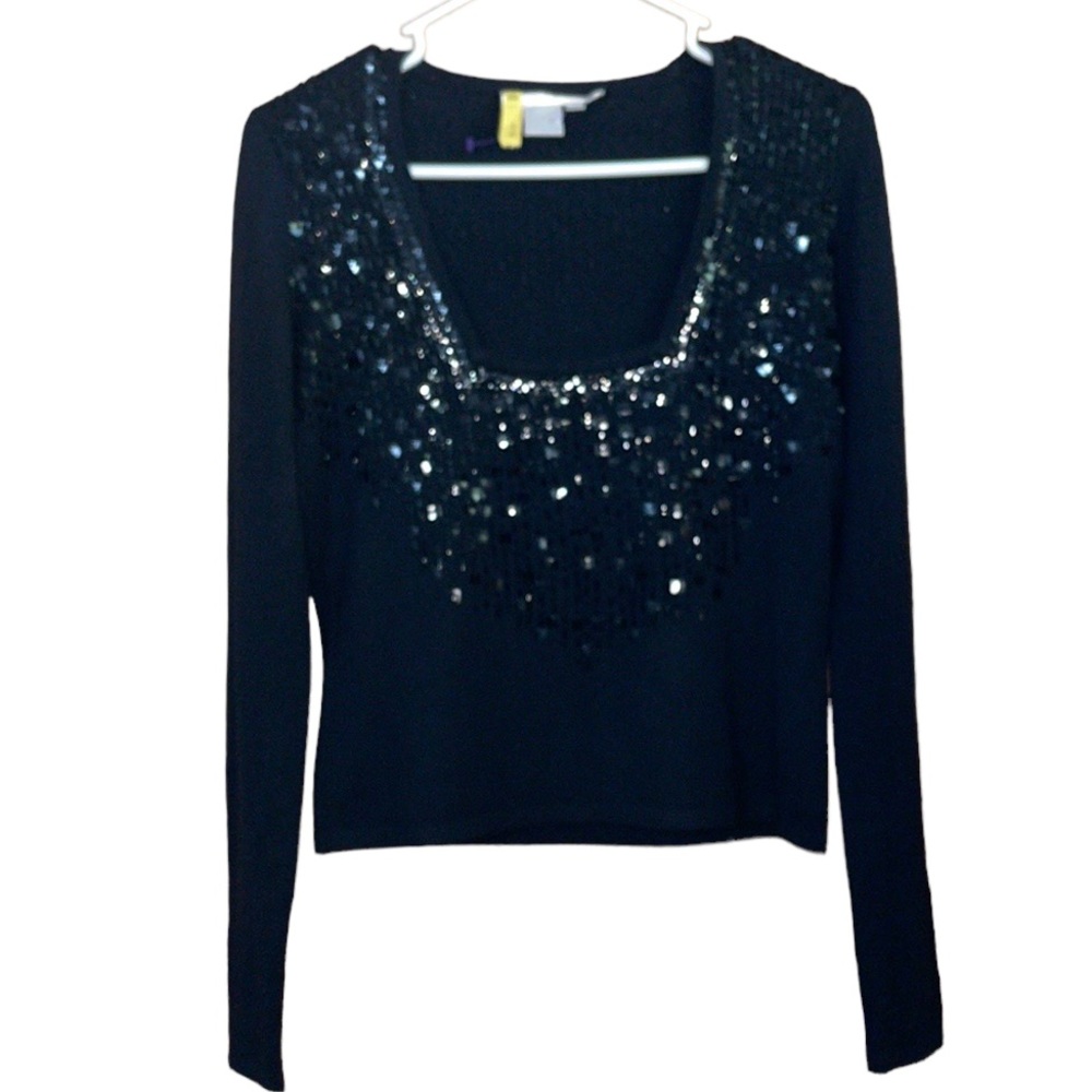 •MAGASHONI•100% BLACK CASHMERE SQUARE NECK W/BLACK SEQUINS LONG SLEEVE SWEATER